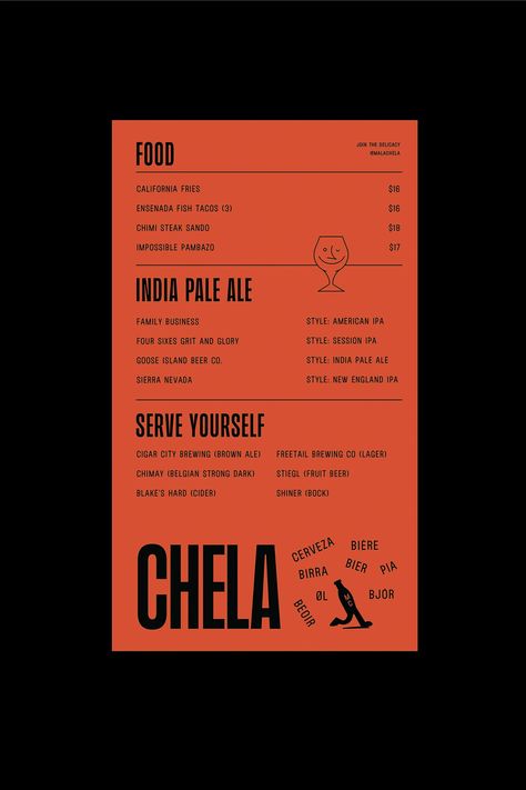 “Welcome to Malachela,” says Human, “a space where the atmosphere is always warm, the vibes are genuine, and there’s never a ‘mala chela’ in sight – just great beer, flavour and joy.” Invited to design the identity of the Taproom, bar, and restaurant in Brownsville, Texas, the Mexico City-based design studio delved into the effortless, down-to-earth charm that beer has, with the power to make people connect. Modern Restaurant Menu Design, Bar Branding Design, Bar Menu Design, Restaurant Collateral, Wine Bar Branding, Tequila Menu Design, Unique Bar Menu Design, Bar Branding, Bar Branding Identity