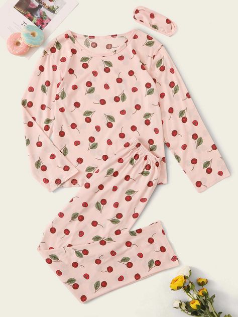 Cherry Print Pajama Set With Eye Mask | SHEIN South Africa Cute Sleepwear, Eye Cover, Pant Sets, Baby Cover, Cherry Print, Print Pajamas, Pajama Set Women, Pajama Sets, Shein Style