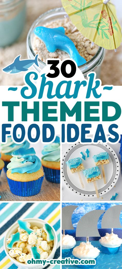 Celebrate shark week with these fun shark themed foods. Whether you’re planning a shark-themed party, or celebrating all week, these food ideas are perfect for any Shark Parties you host. Second Birthday Shark Theme, Shark Treats Party Ideas, Shark Themed Food Snacks, Shark Week Appetizers, Shark Theme Dessert, Shark Theme Party Food, Shark Inspired Food, Shark Birthday Food Ideas, Shark Week Themed Food