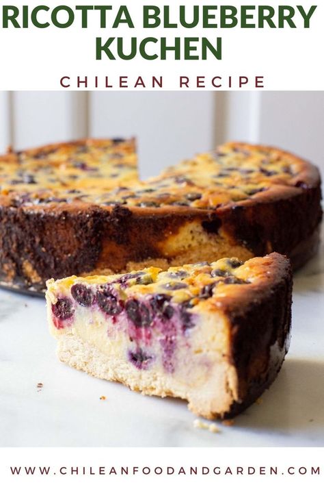 A slice of ricotta blueberry kuchen. Chilean Food, Fruit Combinations, Chilean Recipes, Bakery Store, Springform Pan Cake, Homemade Recipes Dessert, Easy To Make Desserts, Sweet Treats Recipes, Treat Recipes