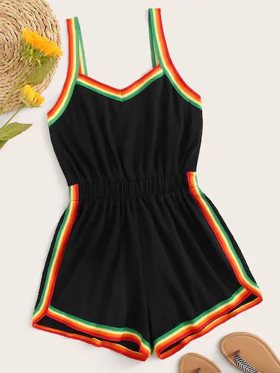 Product name: Rainbow Striped Tape Panel Cami Romper at SHEIN, Category: Jumpsuits Rasta Outfit Women, Rasta Outfit, Cami Romper, Plus Size Romper, Plus Size Jumpsuit, Short Jumpsuit, Rompers Women, Playsuit, High Waisted Shorts