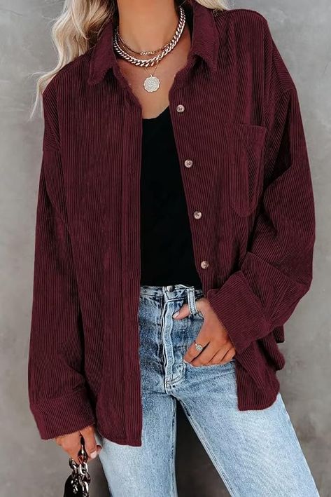 Corduroy Blouse, Oversize Shirt, Oversized Jacket, Womens Long Sleeve Shirts, Pocket Shirt, Green Fashion, Oversized Shirt, Wine Red, Look Fashion