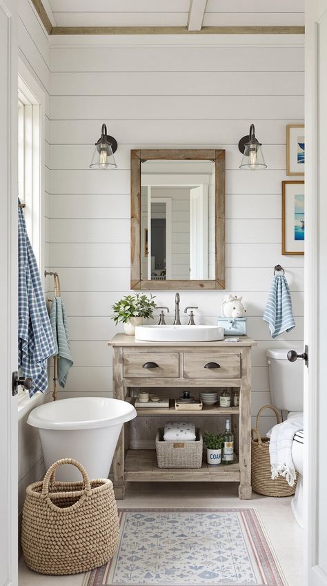 Coastal Bathroom Ideas Seaside Cottage Bathroom, Beach Cottage Bathroom Ideas, Wainscoting Ideas Bathroom, Coastal Bathroom Ideas, Modern Coastal Bathroom, Lake House Bathroom, Ocean Prints, Shiplap Walls, Cottage Coastal