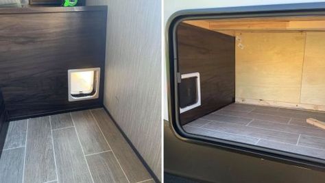 Where to Put the Cat Litter Box in an RV *Creative Locations* Litter Box Rv Ideas, Cat Litter Box In Camper, Litter Box In Camper, Cat Litter Box In Travel Trailer, Camper With Cats, Camper Cat Ideas, Camper Catio, Rv Living With Dogs, Cat Rv Living