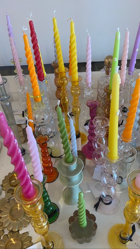 Candle Stick Bedroom, Rainbow Taper Candles, Colorful Candle Sticks, Colorful Candles Aesthetic, Colourful Candlesticks, Long Candle Centerpiece, Candle Stick Decor Ideas, Sorority House Decor, Midsommar Party