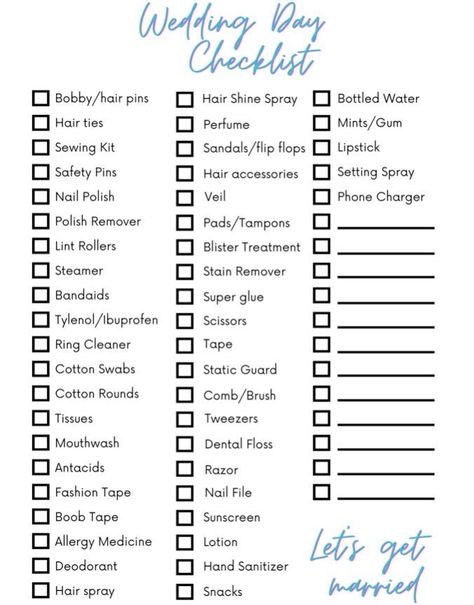 A checklist for everything you may need on the day of your wedding! You can never be too prepared for unexpected mishaps! This list will help you be more prepared and a less stressed bride. Bridesmaid Checklist For Wedding Day, Wedding Day Packing List, Backyard Wedding Checklist, Wedding Packing List, Bridesmaid Checklist, Bridal Checklist, Wedding Todo List, Wedding List Checklist, Bride Checklist