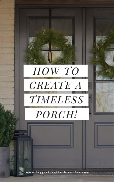 See this Front Porch Makeover including door upgrade, home decor ideas for the front porch, installing a new doorbell, etc! #frontporch #coveredfrontporch Outside Door Decor Front Entry Modern, Inexpensive Front Porch Ideas, Transitional Front Porch Ideas, Decorating A Large Front Porch, Front Entrance Porch Ideas, Decorative Porch Ideas, 2 Front Doors On House, Front Porch Plant Ideas Entrance, Grand Porch Entrance