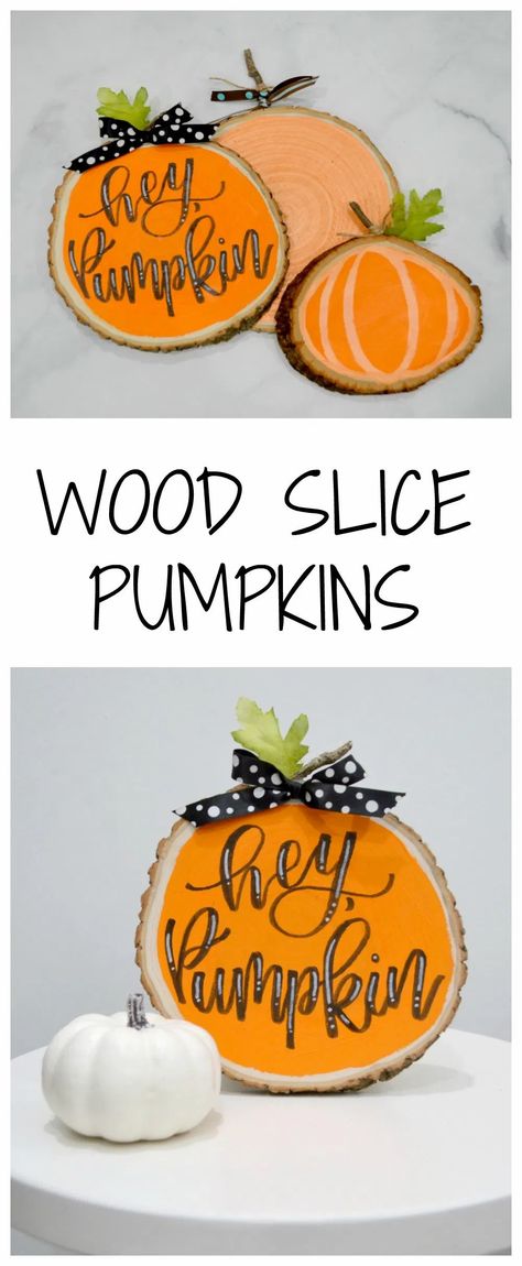 Wood Slice Pumpkins Fall Wood Circle Crafts, Wood Slice Pumpkins Diy, Craft With Wood Slices, Thanksgiving Craft Gifts, Fall Wood Slices, Pumpkin Wood Slices, Mini Wood Slice Crafts, Fun Fall Crafts For Adults, Wood Slabs Ideas Tree Slices