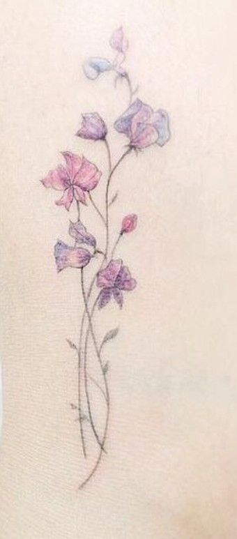 Sweet Pea  April Birth Flower Sweetpea Flower Tattoo, Name Flower Tattoo, Sweet Pea Tattoo, Flower Vine Tattoos, Purple Tattoos, April Birth Flower, Cool Wrist Tattoos, Flower Wrist Tattoos, Aries Tattoo