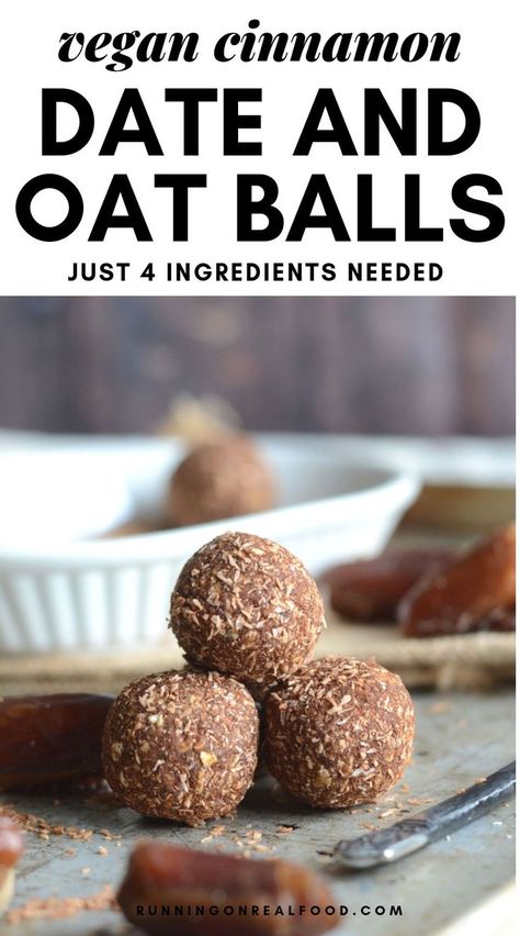 These delicious, low-fat cinnamon energy balls require just 4 simple ingredients to make: medjool dates, oats, maple syrup and cinnamon. Loads of cinnamon flavour pairs perfectly with sea salt and hints of caramel from fresh, soft medjool dates. #runningonrealfood #energyballs #veganenergybites Oat Balls, Vegan Energy Balls, Banana Nice Cream, Energy Ball Recipe, Healthy Sweet Treats, Medjool Dates, Energy Balls, Energy Bites, Balls Recipe