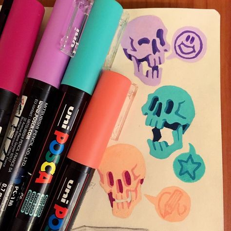 Heyo! Have some colourful bois!💜💚🧡💀 . Drawn with Posca paint pens . . #drawing #draw #doodle #sketchbook #paint #pens #posca #colourful… Simple Posca Pen Drawings, Posca Drawing Ideas, Pen Aesthetic, Posca Drawing, Posca Paint Pens, Neon Paint, Drawing Superheroes, Draw Doodle, Posca Marker