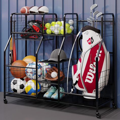 Amazon.com: Golf Bag Storage Rack - Fits 2 Golf Bags, Garage Sports Equipment Organizer with Baskets, Garage Organizers and Storage with Hooks, Movable Ball Storage Cart with Wheel for Garage, Gym, Shed, Outdoor : Sports & Outdoors Sport Equipment Storage Ideas, Garage Organization Sports, Garage Sports Equipment Storage, Sport Equipment Storage, Basement Playground, Equipment Storage Ideas, Golf Bag Storage, Sports Equipment Organization, Organizing With Baskets