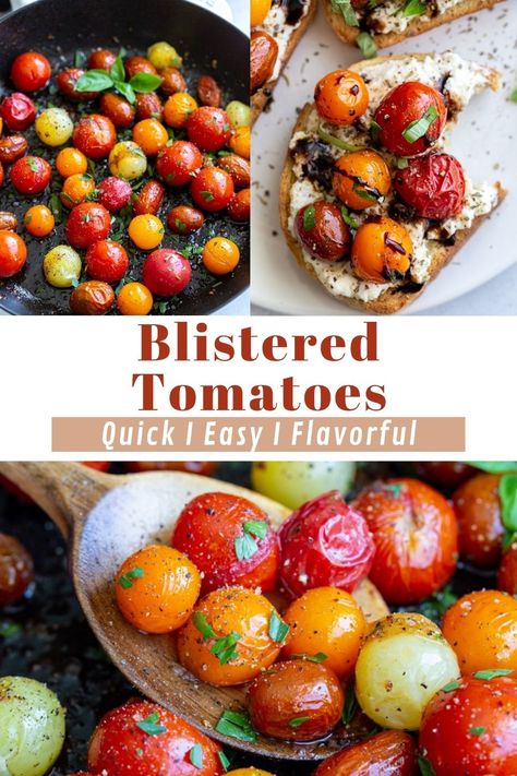 Blistered tomatoes are cherry or grape tomatoes coated in garlic and olive oil, then sautéed until they're juicy and bursting with flavor. Sautéed cherry tomatoes are quick and easy to cook and make a great side dish or topping for pasta and more! Sauteed Tomatoes Recipes, Sauteed Cherry Tomatoes, Sautéed Tomatoes, Grape Tomato Recipes, Blistered Cherry Tomatoes, Pizza Side Dishes, Gut Protocol, Blistered Tomatoes, Dips Appetizers