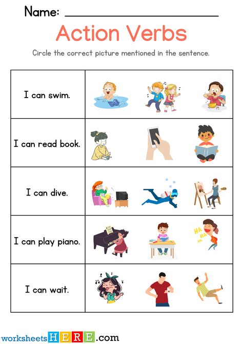 Circle Action Verbs Pictures with Related Sentences Pdf Worksheet For Students - WorksheetsHere.com Verbs Worksheet For Kindergarten, Action Words Worksheet For Kindergarten, Verb Worksheets For Kindergarten, Action Words Worksheet, Action Verbs Activities, Action Verbs Worksheet, Verbs Worksheet, Verbs Activities, Worksheet For Kindergarten