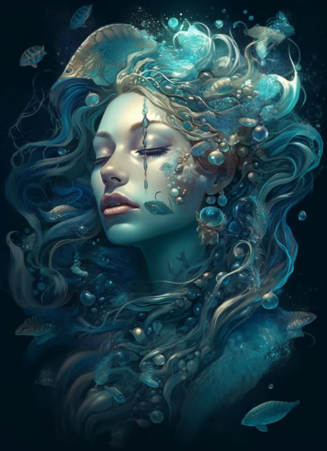 Mermaid Portrait Art, Mermaid Art Fantasy Dark, Siren Portrait, Mermaid Realistic, Realistic Mermaid Drawing, Underwater Goddess, Cosmic Mermaid, Mermaid Portrait, Jellyfish Mermaid