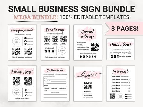 "Introducing our craft show signage bundle that includes various templates such as an order form template, price list template, thank you card template, wifi QR code password template, and other small business sign templates. Additionally, our digital download includes convenient features like scan-to-pay functionality and the ability to easily connect with us on social media. Download the digital file and improve your business experience, making this printable business sign bundle a valuable to Template Price List, Scan To Pay Sign, Thank You Note Template, Template Craft, Scan To Pay, Canva Etsy, Free Business Card Design, Small Business Signs, Business Printables