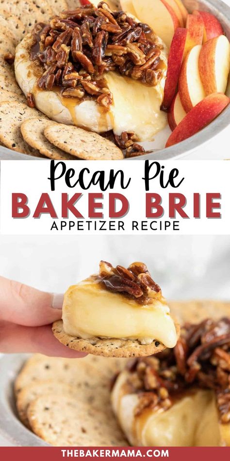 Try our Favorite Pecan Pie Baked Brie appetizer. Looking for a delicious and easy holiday appetizer recipe? This Pecan Pie Baked Brie is it! Sticky and sweet pecan topping on melting warm brie is a favorite holiday appetizer. Pecan Pie Appetizer, Baked Brie With Pecans And Brown Sugar, Pecan Pie Baked Brie, Pecan Pie Brie, Warm Brie Appetizer, Baked Brie With Pecans, Brie Toppings, Pecan Brie, Warm Brie