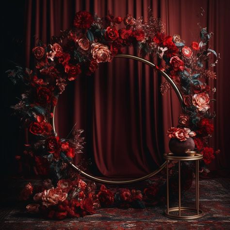 Floral Ring Backdrop, Moody Backdrop, Ring Backdrop, Shaadi Decor, Backdrop Floral, Americana Aesthetic, Red Backdrop, Floral Room, Background Ideas