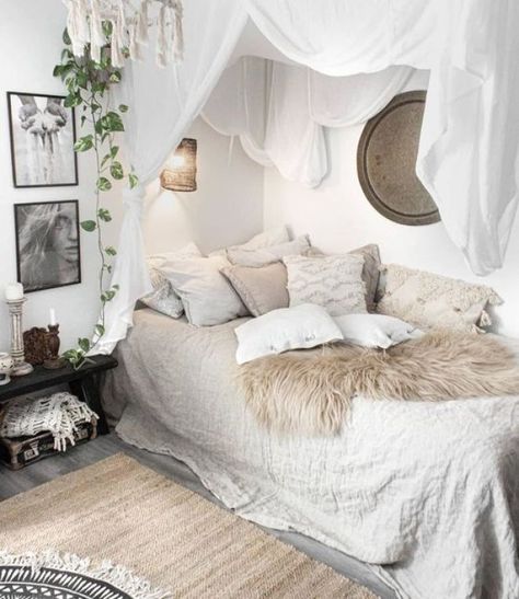 If you love the look of a boho bedroom like this one by @laurakinterior, check out a bohemian bedroom decor shopping guide on Of Houses and Trees - featuring eco-conscious items from ethical marketplace Made Trade. #bohobedroom #bohodecor #bohodesign #bohemianbedroom #bohemiandecor #bohemiandesign Simple Room Accessories, Coastal Romantic Bedroom, Cozy Boho Aesthetic, Moracan Decor Bedroom, Canopy Bed For Small Bedroom, Bed With A Lot Of Pillows, Tranquil Bedroom Decor, White Bedding Bedroom Ideas, Relaxation Corner In Bedroom