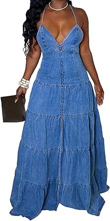 Unybwonn Women's Sexy Denim Maxi Dresses Spaghetti Strap Long Jean Sundress Backless V Neck Sleeveless Flowy Split Dress Denim Maxi Dress, Denim Maxi, Long Jeans, Split Dress, Spaghetti Strap Dresses, Maxi Dresses, Sundress, Spaghetti Strap, Spaghetti