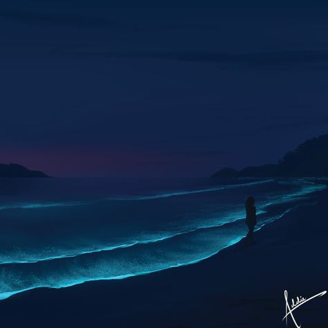 Bioluminescence Beach Painting, Bioluminescence Drawing, Bioluminescence Painting, Plankton Beach, Bioluminescence Water, College Drawing, Bioluminescent Algae, Glowing Ocean, Bioluminescent Plankton