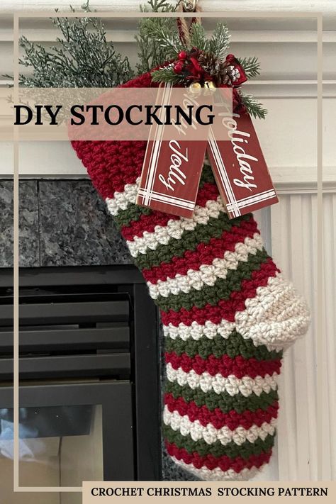 A gorgeous striped crochet stocking hanging on a mantel, beautifully adorned with festive Christmas decor Christmas Stockings Crochet, Cute Crochet Gifts, Stockings Crochet, Stocking Crochet Pattern, Stocking Crochet, Recycled Christmas Decorations, Crochet Christmas Stocking Pattern, North Pole Christmas, Christmas Crochet Patterns Free