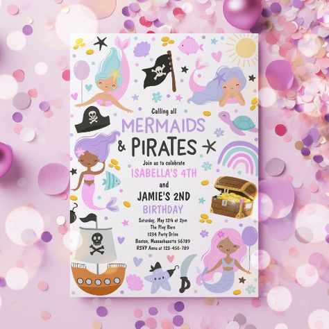 Mermaid And Pirate Sibling Joint Birthday Party Invitation Girl And Boy Birthday Party Together, Boy Girl Birthday Party Ideas, Mermaid And Pirate Birthday Party, Shared Birthday Parties, Mermaid And Pirate, Pirate Birthday Party Invitations, Mermaid Pirate, Mermaid Pirate Party, Mermaid Birthday Invitations