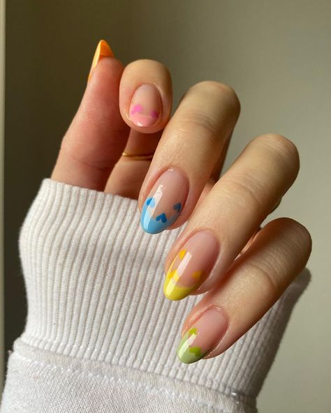 French Tip Nails With Hearts, Colorful French Tip Nails, Practice Nails, Nails With Hearts, Adorable Nails, Oval Nail, Oval Nails Designs, Pride Nails, Ideas Uñas