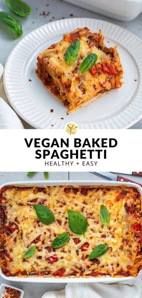 Easy Vegan Pasta Bake, Vegan Baked Spaghetti Recipe, Baked Spaghetti Dairy Free, Dairy Free Baked Spaghetti, Vegan Winter Dinner Recipes, Vegan Pasta Casserole, Vegan Spaghetti Recipes, Alfredo Baked Pasta, Vegan Baked Spaghetti