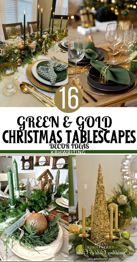 Gold Christmas Tablescapes, Christmas Dining Setting, Gold Christmas Table, Green Gold Christmas, Green And Gold Christmas, Christmas Table Runner Pattern, Gold Table Setting, Christmas Table Toppers, Green Table Runner