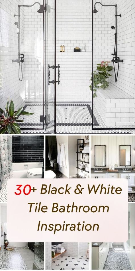 Step into timeless style with these elegant bathroom designs. Discover how black and white tile combinations can create a chic, sophisticated look in your own home. Black And White Master Shower Ideas, Black And White Tile Floor Bathroom, Bathroom With Black And White Tile Floor, Black White Tile Bathroom, Bathrooms Black And White, White Tile Bathroom Ideas, Classic Black And White Bathroom, Black And White Marble Bathroom, White Hexagon Tile Bathroom