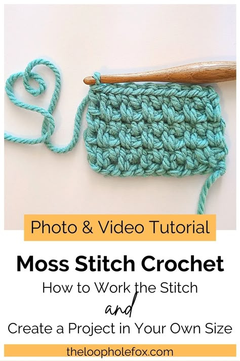 The Moss Stitch (also known as the Linen Stitch or Granite Stitch) is a lovely crochet stitch that creates a beautiful woven texture and a stretchy fabric. This easy crochet stitch works up fast and is great for any number of projects. Learn how to work this stitch with a photo and video tutorial - and learn how to create your own project size by using a gauge swatch. Happy Crocheting! Moss Crochet Stitch, Moss Crochet, Moss Stitch Crochet, Crochet Blanket Pattern Easy, Crochet Afghan Patterns Free, Crochet Stitches Guide, Easy Crochet Baby Blanket, Crochet Stitches For Blankets, Crochet Stitches Free