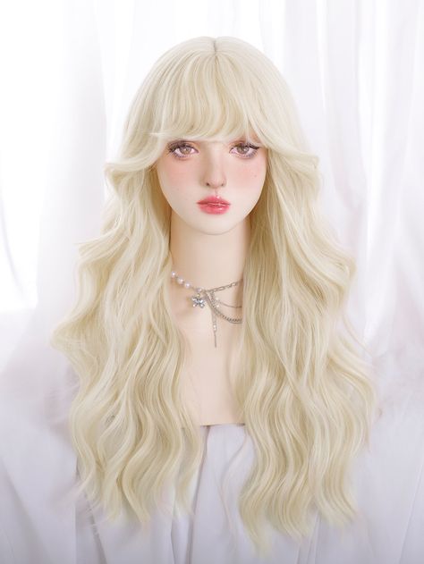 Long Curly Synthetic Wig With Bangs Long Wigs With Bangs, Long Blonde Hair With Bangs, Blonde Hair Wigs, Blonde Hair Wig, Long Platinum Blonde, Curly Synthetic Wig, Long Blonde Wig, High Fashion Hair, Bangs Wig