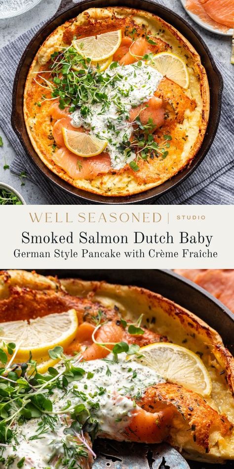 Smoked Salmon Dutch Baby with Crème Fraîche Savory Dutch Baby Recipe, Elegant Breakfast, Savory Dutch Baby, Smoked Salmon Recipe, Smoked Salmon Breakfast, Easy Eggs Benedict, Dutch Babies, Salmon Breakfast, Dutch Baby Recipe