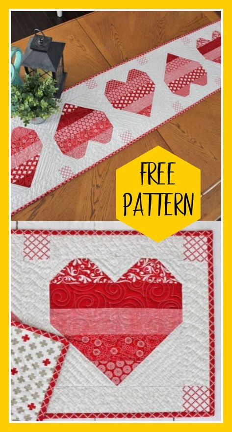 Small projects are an easy way to create a holiday atmosphere. The valentine hearts table runner is easy to make in time for Valentine's day. Free table runner pattern and tutorial. Valentines Runner, Syprosjekter For Nybegynnere, Valentine Table Runner, Quilted Table Runners Christmas, Table Topper Patterns, Heart Quilt Pattern, Quilted Table Runners Patterns, Holiday Table Runner, Table Quilts