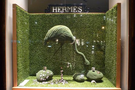 Hermès green spring windows displays, Paris visual merchandising Spring Windows, Hermes Window, Spring Window Display, Paris March, Window Display Retail, Decoration Vitrine, Visual Merchandising Displays, Store Window Displays, Window Display Design