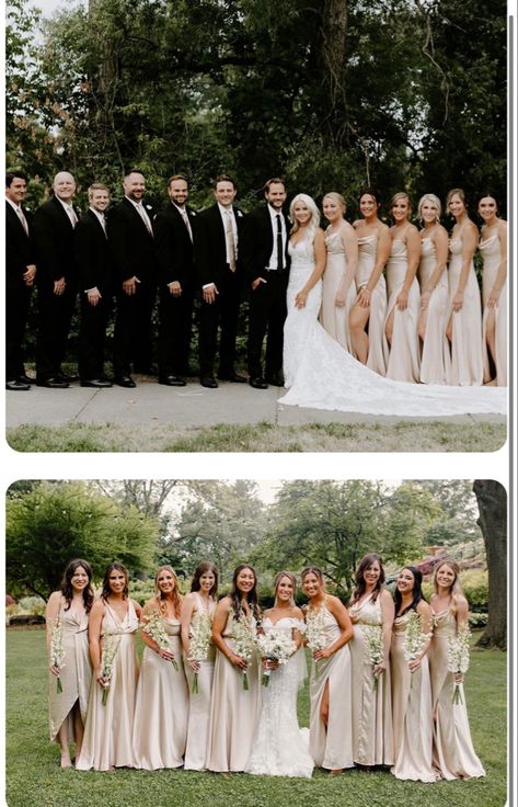 Black Suits With Champagne Ties, Champagne Bridesmaids Black Groomsmen, 8 Bridesmaids 8 Groomsmen, Bridal Party In Champagne, Formal Bridal Party, Bridal Party Champagne Dresses, Champagne Bridal Party Groomsmen, White Wedding Bridesmaids Dresses, Champagne Black And White Wedding