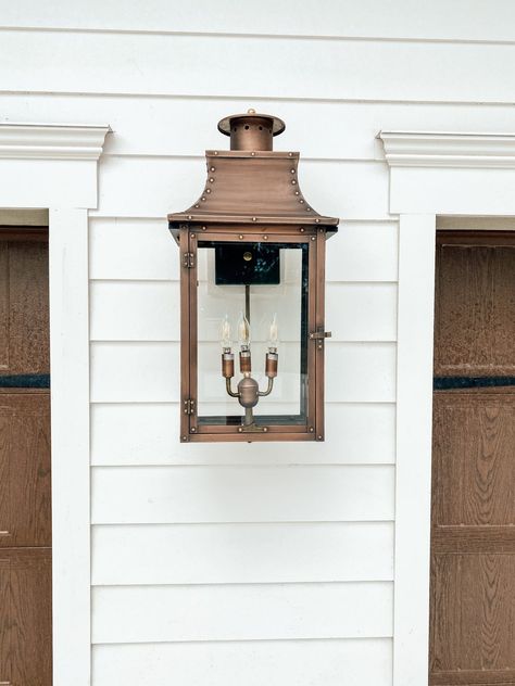 Front Porch Hanging Lanterns, Garage Door Lights, Front Door Lighting, Copper Light Fixture, Copper Lantern, Exterior Light Fixtures, Large Lanterns, Gas Lanterns, Garage Lighting