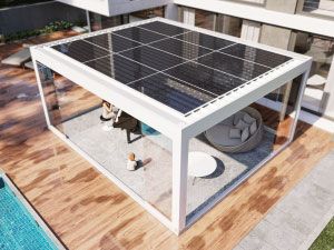 Eclettica solar pergola Solar Panel Pergola Patio, Solar Panel Patio Cover, Solar Panel Garden, Pergola Solar Panels, Solar Pergola Shade Structure, Solar Panel Pergola, Solar Panel Roof Design, Solar Structure, Solar Pergola