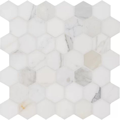 MSI Calacatta Hexagon Polished 2" x 2" Marble Mosaic Tile | Wayfair Bathroom Coastal, Stone Floors, Hex Tile, Gold Tile, Master Bathrooms, Renovation Inspiration, Cottage Bathroom, Calacatta Gold, Porcelain Mosaic Tile