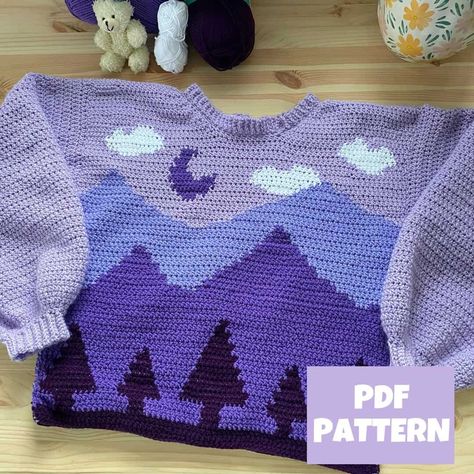 Jumper Crochet, Moon Landscape, Crochet Sweater Pattern, Crochet Pullover, Crochet Unique, Purple Moon, Confection Au Crochet, Crochet Jumper, Tapestry Crochet Patterns