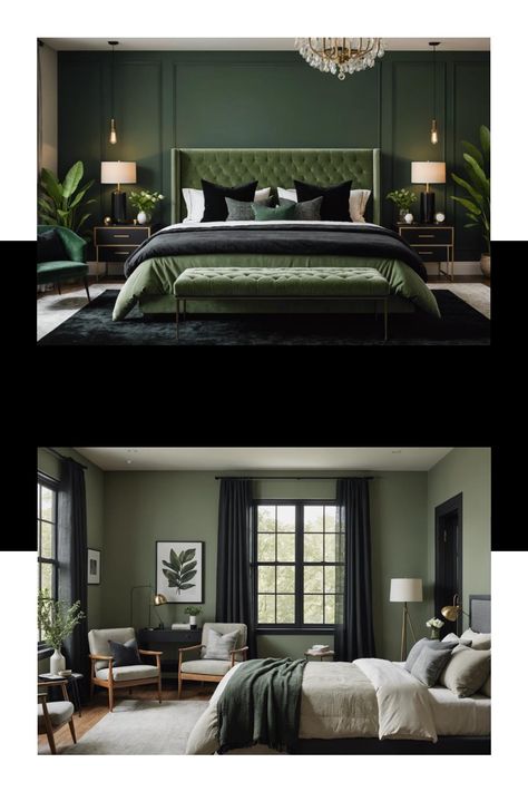 Modern bedroom with green walls and bedding, featuring plants, a chandelier, and stylish furniture. Sage Green And Black House Interior, Sage Green And Black Bedroom Ideas, Green Spare Bedroom, Green And Black Bedroom Decor, Sage Walls Bedroom, Green Childrens Bedroom, Sage Green And Black Bedroom, Black And Green Bedroom Ideas, Black Bedroom Decor Ideas