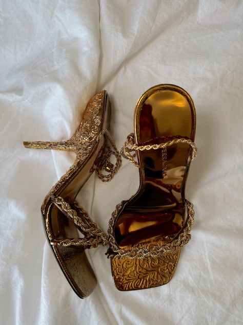 Ferragamo gold sandle from the archive Gold Heels Aesthetic, Ferragamo Aesthetic, Ferragamo Heels, Diamond Heels, Heels Aesthetic, Dr Shoes, Pretty Shoes Sneakers, Zara Heels, Cinderella Shoes