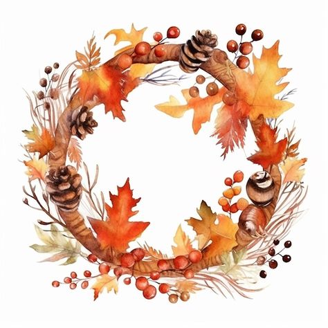 Autum Flowers Illustration, October Pictures, Woodland Clipart, Wreath Clip Art, Fall Leaf Wreaths, Autumn Watercolor, Wreath Clipart, Floral Wreath Design, Watercolor Wreath