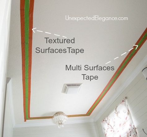 how to easily paint a stripe painting a stripe on ceiling to make ceilings look taller Short Ceiling Paint Ideas, Rooms With Colored Ceiling, How To Make Your Walls Look Taller, Tricks To Make Ceiling Look Higher, Making A Room Look Taller, Painted Low Ceiling, Make Room Feel Taller, How To Add Height To A Room, How To Make Your Ceiling Look Higher