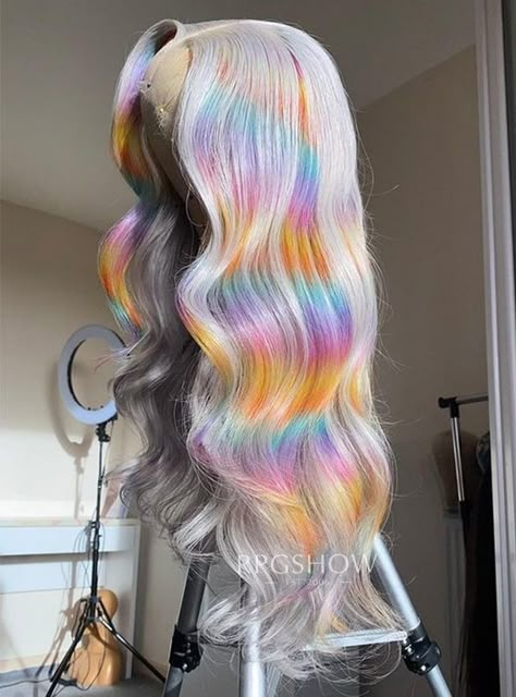 Long Wavy Platinum Blonde with Rainbow Highlights Wig - Zelda001 White And Rainbow Hair, Customized Wigs, Wigs Colorful, Weave Ideas, Pretty Wigs, Gray Wigs, Gray Wig, Rainbow Highlights, Wigs Collection