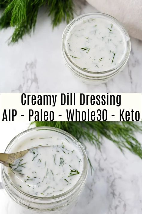 This creamy dill dressing is so simple to make and is fantastic on salads. Plus it's dairy free, paleo, whole30, and totally AIP compliant! Aip Diet Recipes, Cucumber Dressing, Paleo Sauces, Autoimmune Recipes, Autoimmune Paleo Recipes, Dill Dressing, Aip Paleo Recipes, Autoimmune Diet, Cucumber Dill