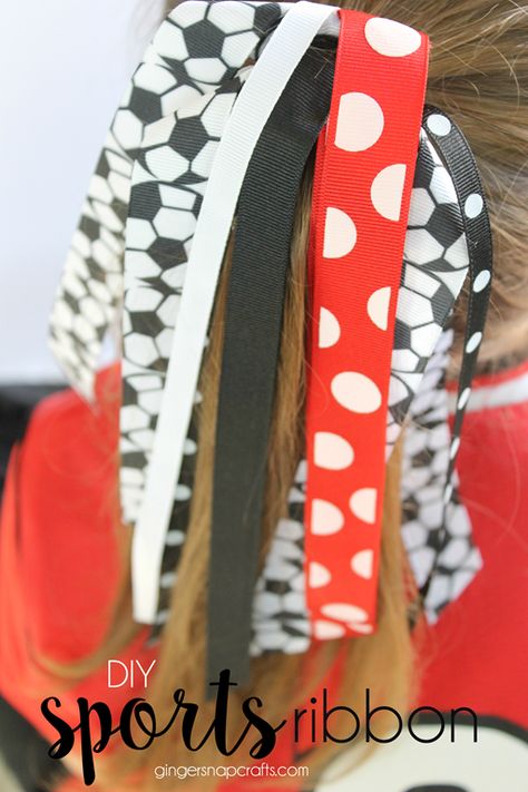 DIY Sports Ribbon at GingerSnapCrafts.com @offrayribbon #sponsored #ribbon Diy Cheer Bows, Cheer Bow Tutorial, Soccer Ribbon, Easy Summer Crafts, Cheer Bows Diy, Pep Squad, Softball Hair Bows, Ribbon Tutorial, Ribbon Ponytail