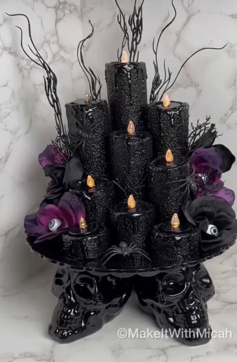 Wednesday Adams Centerpieces, Halloween Quinceanera Ideas, Halloween Wedding Centerpieces Diy, Modern Witch Decor, Halloween Candleabra Centerpiece, Black And Purple Halloween, Purple And Black Halloween Decorations, Black Purple Halloween Decor, Candle Centerpieces Wedding Goth