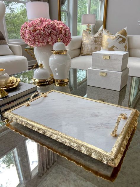 Decorative Marble Tray Gold Living Room Decor, Wall Mirror With Shelf, Gold Living Room, Room Cozy, Gold Home Decor, Marble Tray, Inspire Me Home Decor, Thanksgiving Table Decorations, Glam Decor